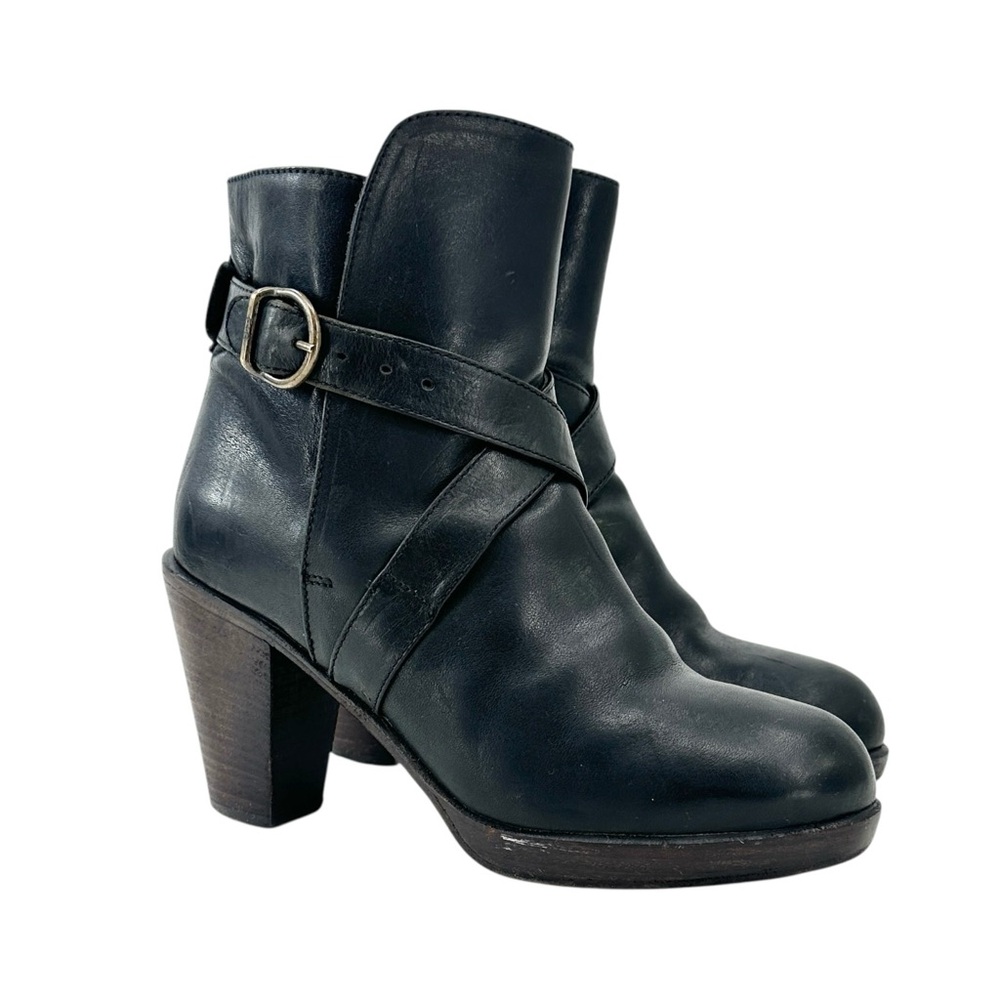 Fiorentini + Baker Black Leather Buckle Block Heel Heeled Ankle Boots Booties